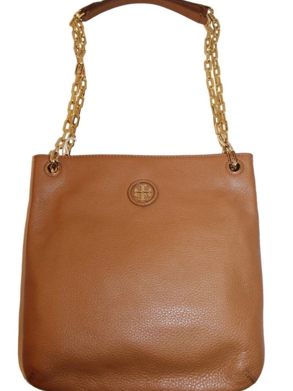 Tory Burch Tan Pebbled Leather Shoulder Bag with Gold Chain
